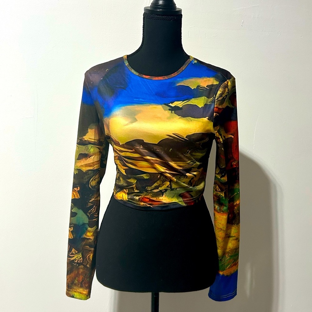 ♦️SHEIN Blue and Yellow Graphic Fitted Crop-Top Sz 6/M US ♦️